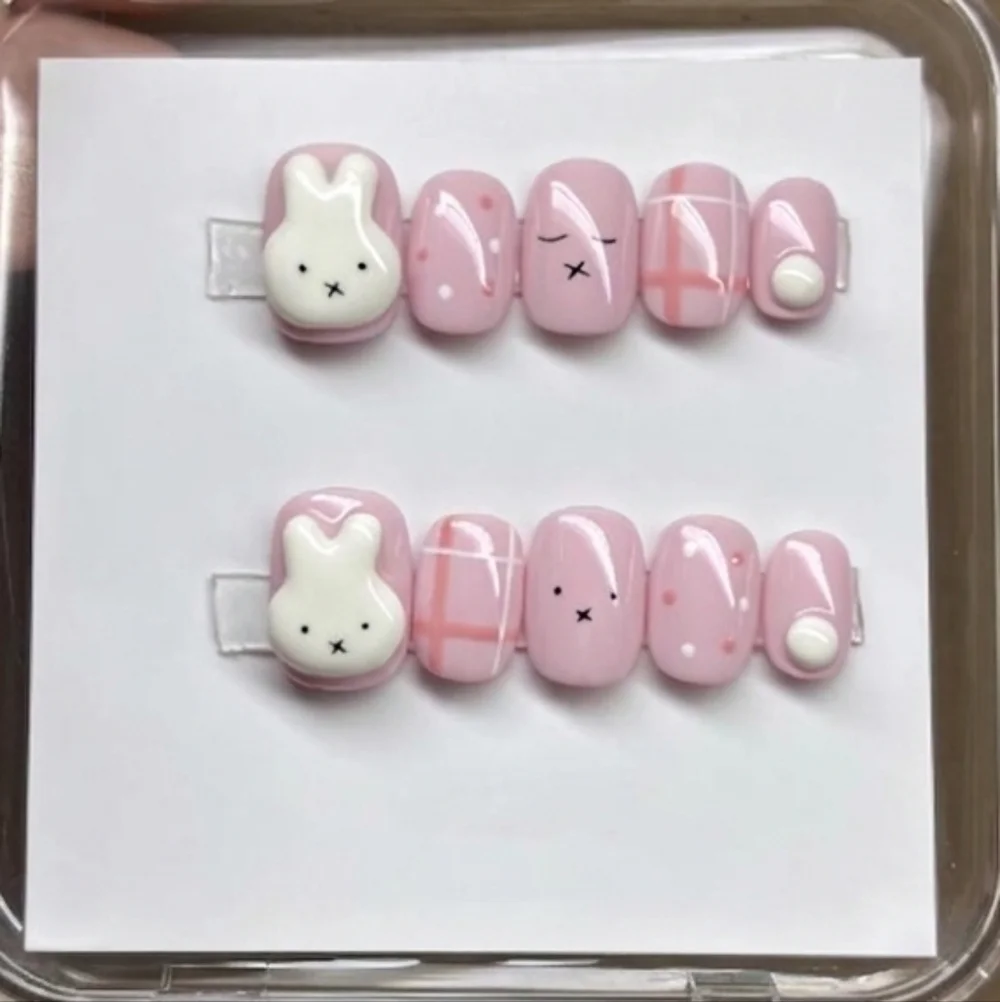 Kawaii Miffy Bunny Press On Nails Pink Plaid & 3D Easter Rabbit Art Size Small